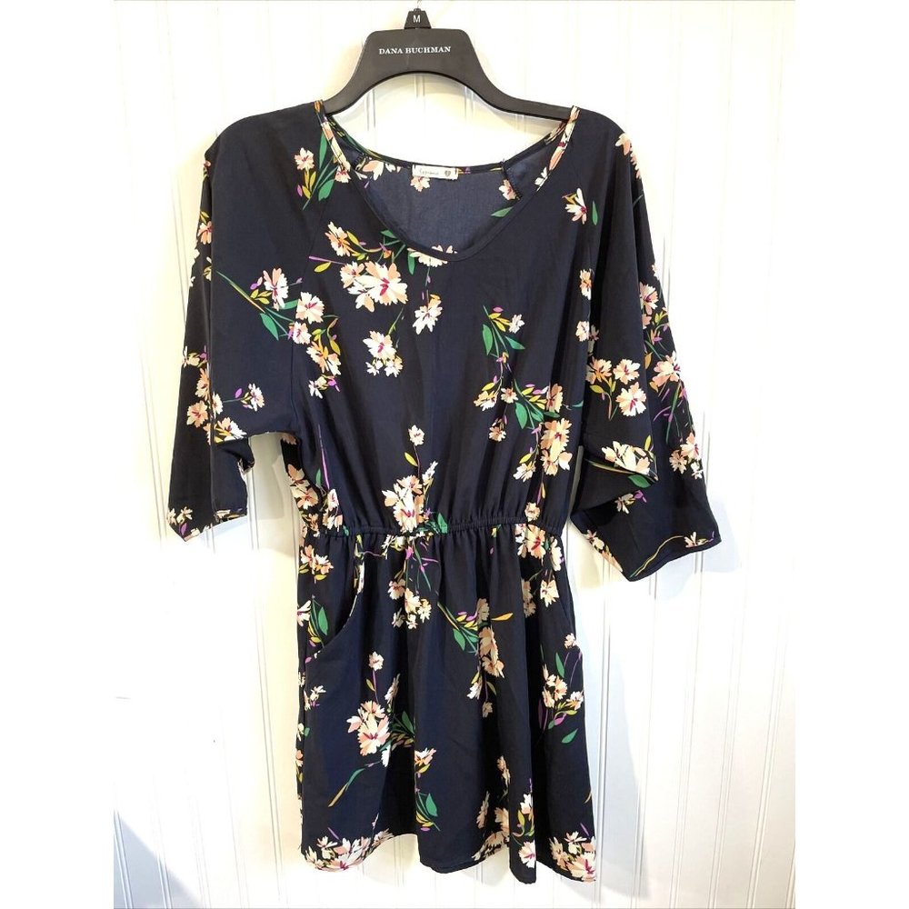 Soprano Mini Dress Womens‎ Small Navy Floral V Neck 3/4 Sleeves Bohemian 109